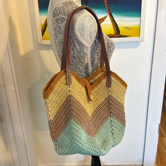 Hand Crafted Handbags - Crochet Tote Shoulder Bag, Handmade Chevron Striped Casual